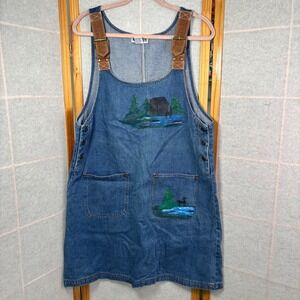 Haiks Vintage Blue Denim Hand Painted Cabin Deer Jumper Dress Womens Large Woods